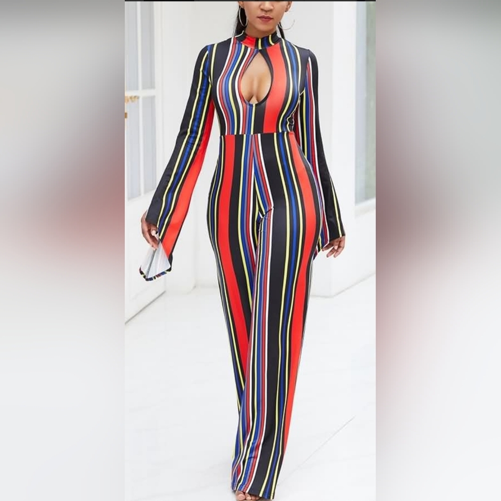 Vibrant Red Stripe Keyhole Flare Sleeve Wide Leg Jumpsuit Sz M